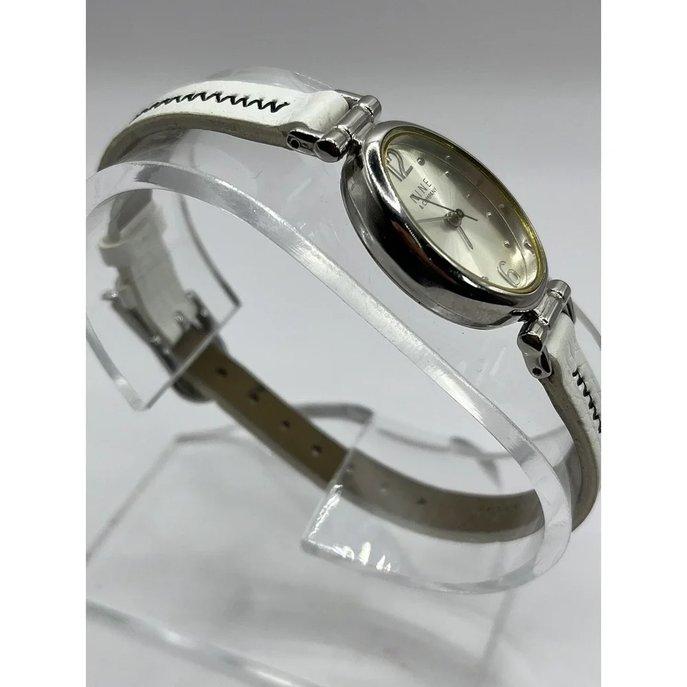 Nine & Company Watch Women's Stainless Silver White Leather‎ Band- New Battery!